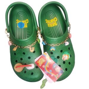 CROCS Lucky Charms Glitter Green With Tons Of Jibbitz BRAND NEW!  Size W 10, M 1